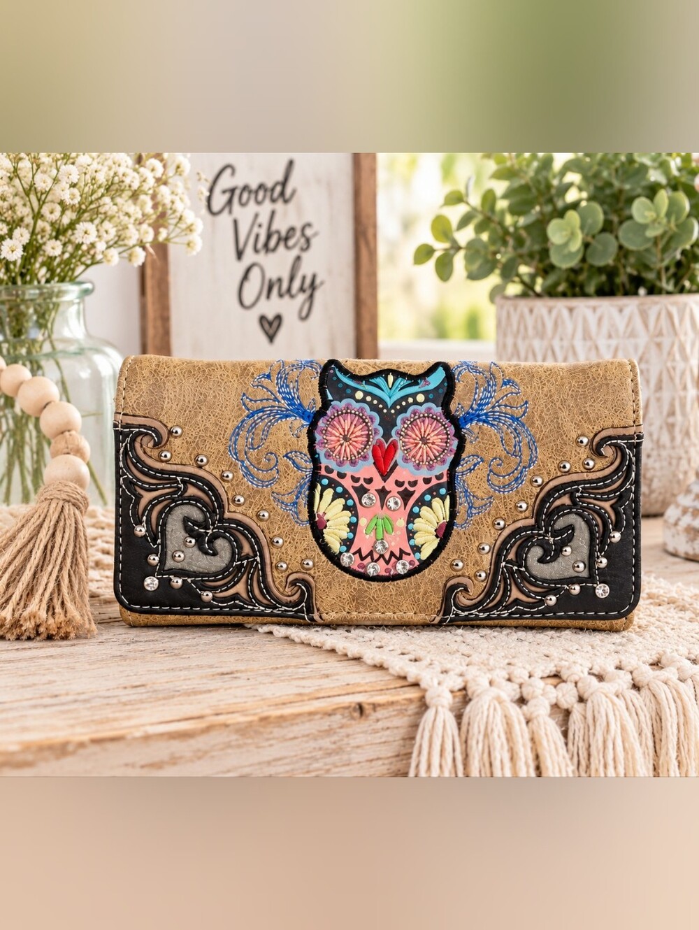 Gold Floral Sugar Skull Embellished Women's Wallet